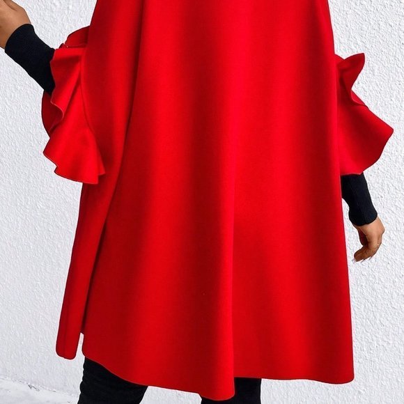 Plus Ruffle Trim Batwing Sleeve Overcoat Red - Picture 3 of 6
